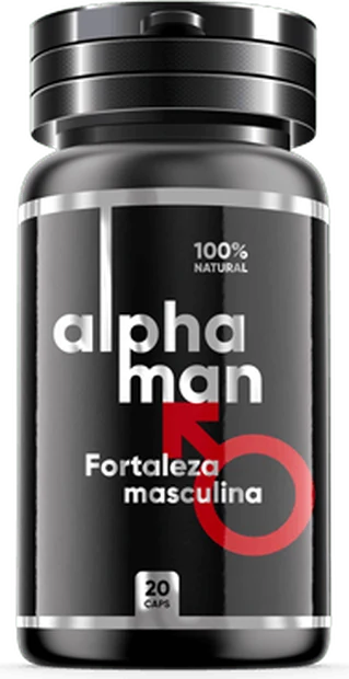 Frasco de Alphaman, suplemento de 20 cápsulas con maca negra y huanarpo macho