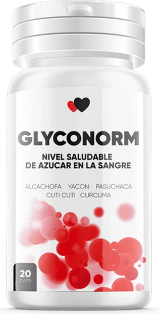 Frasco de Glyconorm con 20 cápsulas de alcachofa, yacón, pasuchaca, cuti cuti y cúrcuma